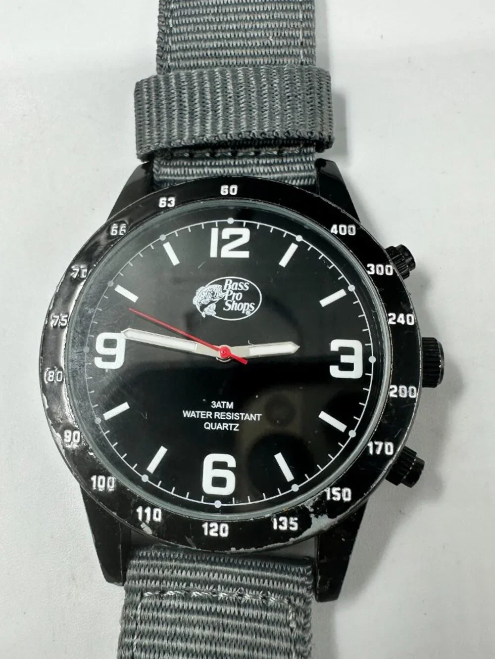 Bass Pro Shops Watch Men Black Dial 46MM Grey Canvas Band New Battery 9